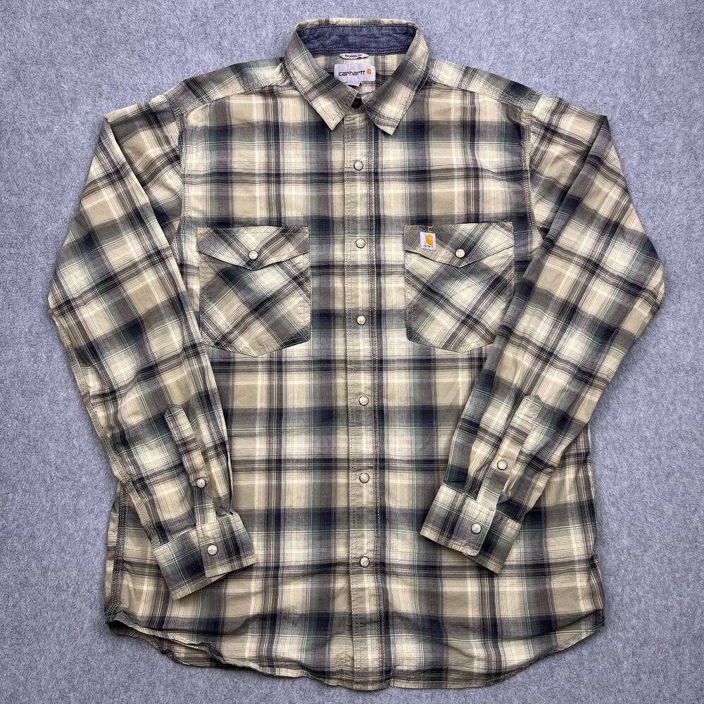 carhartt button-up shirt beige plaid relaxed pearl snap western mens medium
